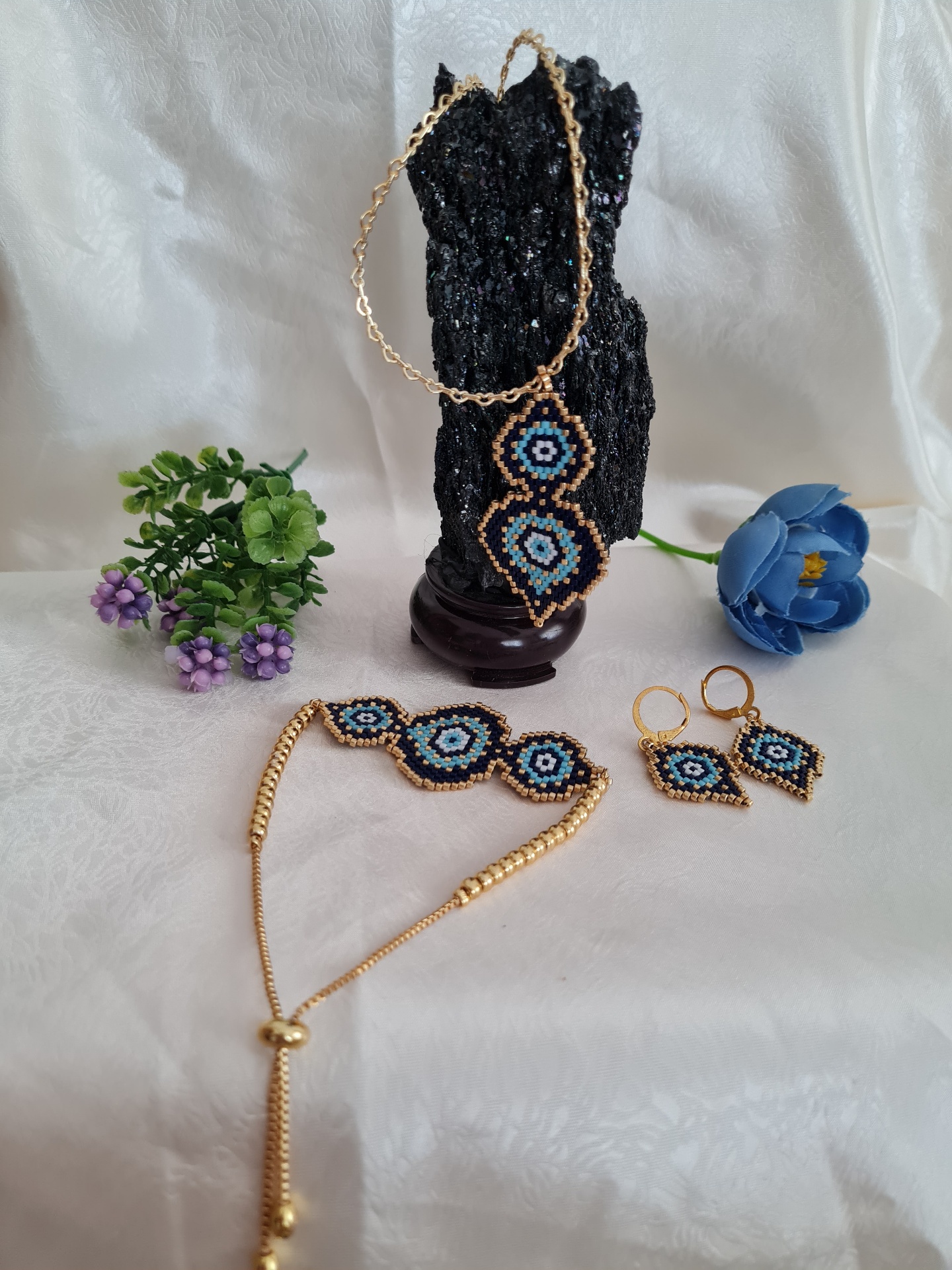 Altın Renkli Nazar Motifli Üçlü Takım Set (Kolye - Bileklik - Küpe)