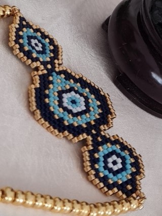 Altın Renkli Nazar Motifli Üçlü Takım Set (Kolye - Bileklik - Küpe) - Galeri Resmi