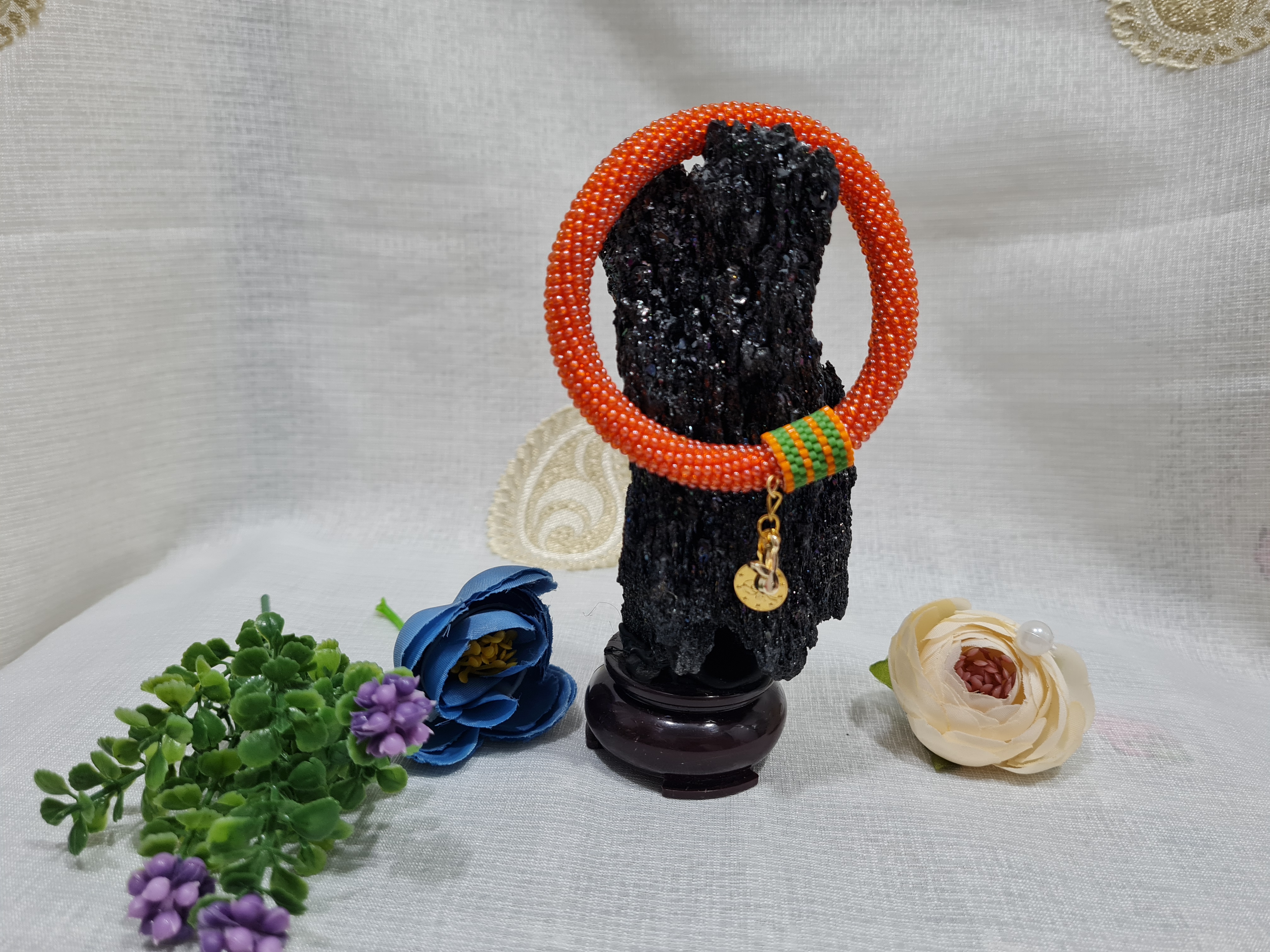 Turuncu Spiral Örgü Boncuk Bileklik