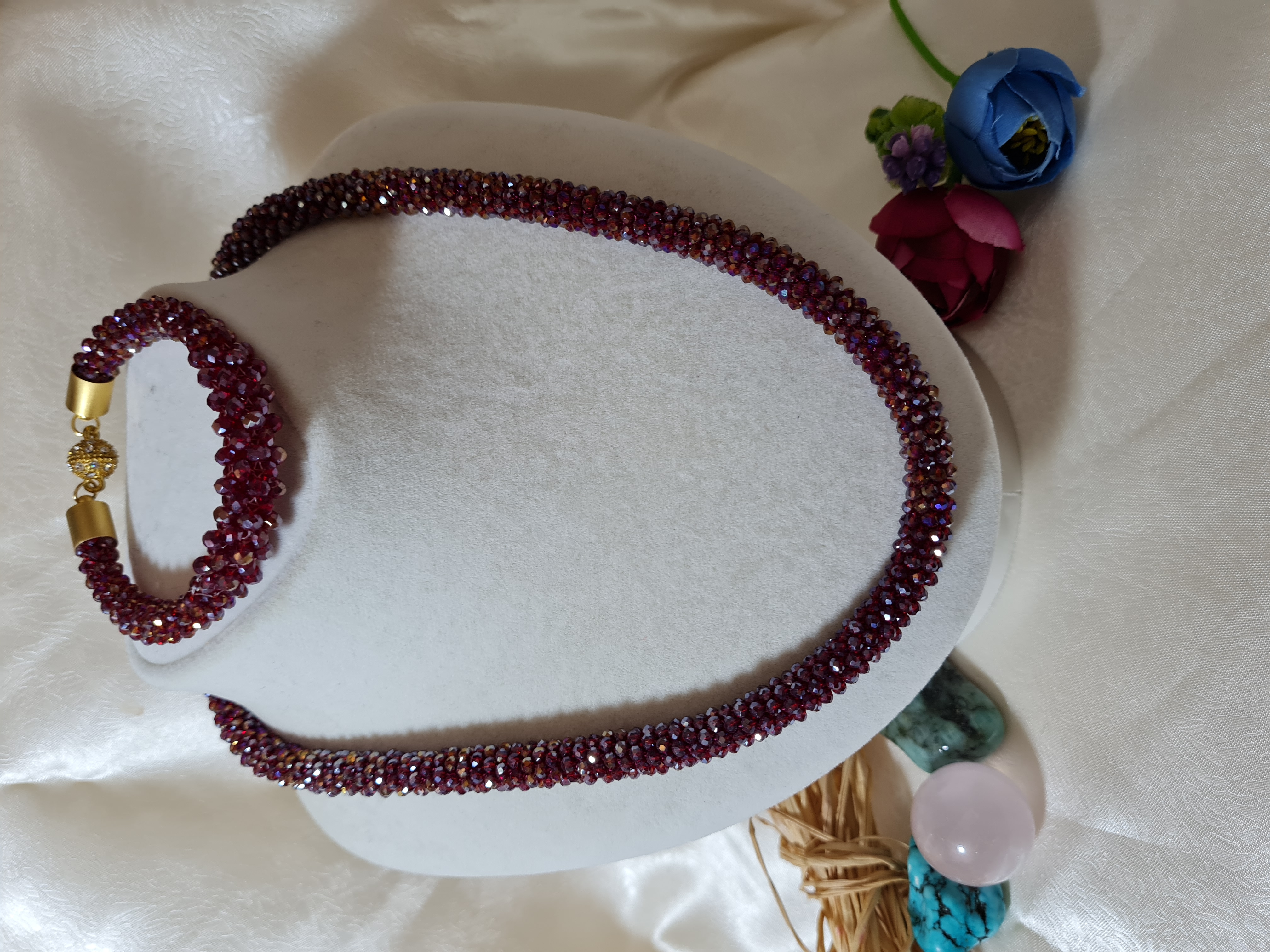 Bordo Kristal Boncuklu Işıltılı Kolye ve Bileklik Takımı